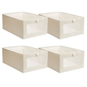 4Pcs Foldable Linen Clothing Storage Bin with Visible Clear Window Convenient Handle Multipurpose Collapsible Storage Basket Closet Fabric Contai