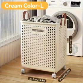 Collapsible Laundry Basket with Wheels, Medium-Large White Ceramic Look Hamper with Faux Leather Handles (Color: Cream, size: L)